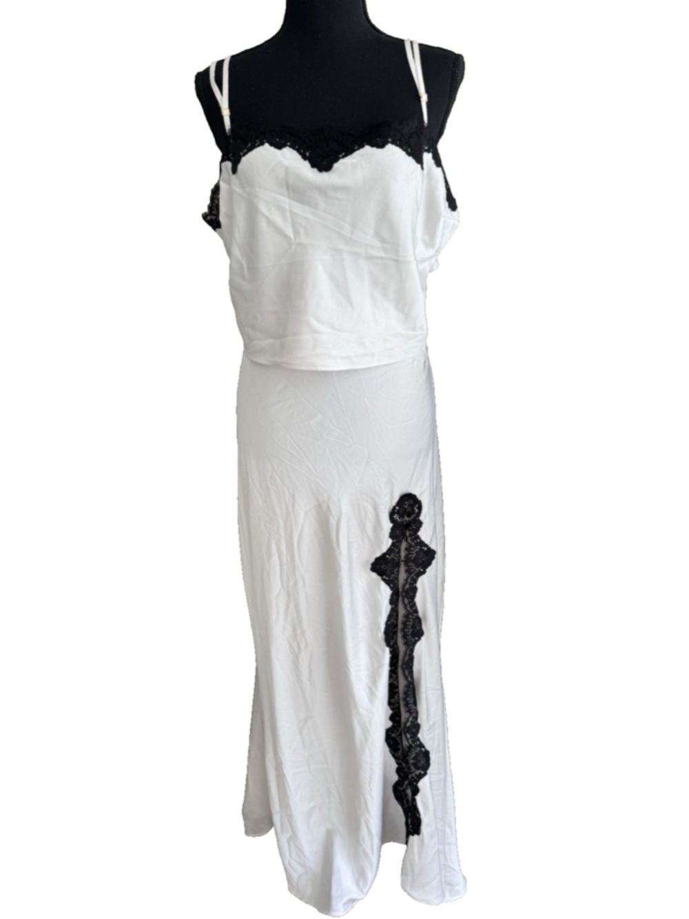 Victoria’s Secret Satin Ivory Black Lace-Trim Cami & Midi Skirt Set XXL NEW NWT - Picture 2 of 15